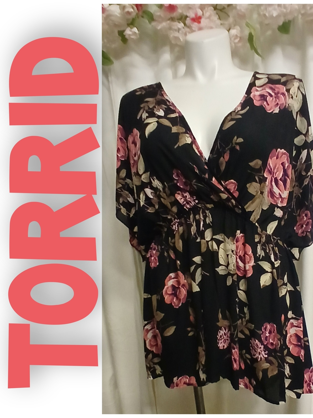 torrid Black Floral Wrap-Front Blouse with Pink Roses
